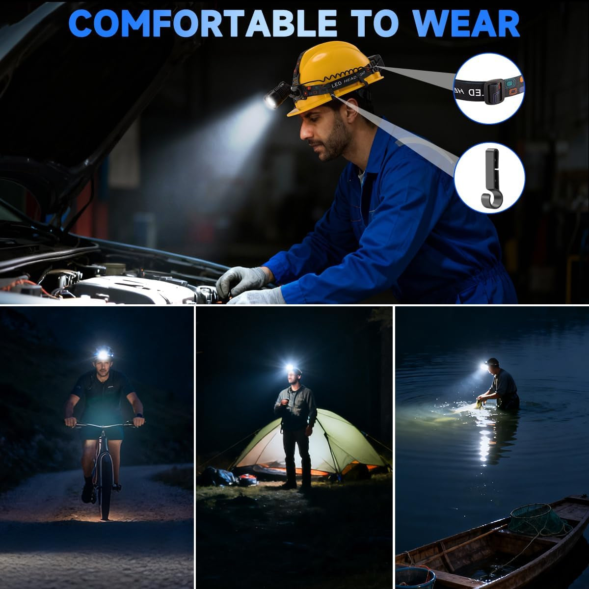Rechargeable Headlamp High Lumen, 3000L Super Bright Head Lamp, 90° Rotatable Head Lights for Forehead, Adjustable Focus Headlight Flashlight, 4Modes LED Headlamps for Adults Hardhat Camping (2Pack)