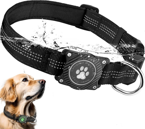 Airtag Dog Collar, Waterproof Air Tag Holder Dog Collar, Luminous & Reflective, Comfortable Padded, Adjustable Pet Collar for Small Medium Large Heavy Duty Dogs,Black, L