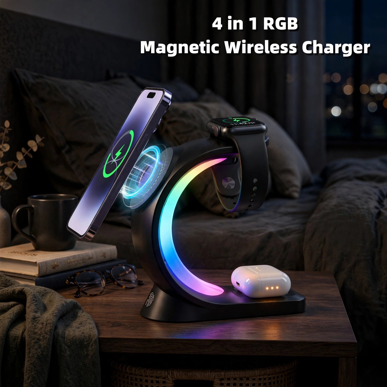 4-in-1 Magnetic Wireless Charger – Fast Charging Station with RGB Light for iPhone, AirPods & Apple Watch