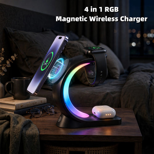 4-in-1 Magnetic Wireless Charger – Fast Charging Station with RGB Light for iPhone, AirPods & Apple Watch